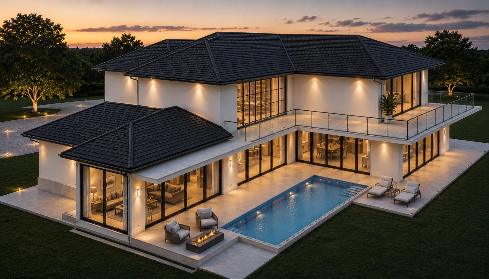 CARP Residence at dusk, with the pool