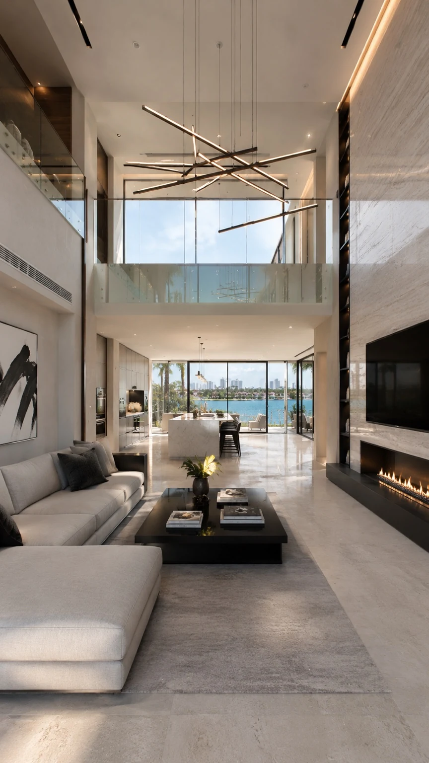Double-height living room open to the bay