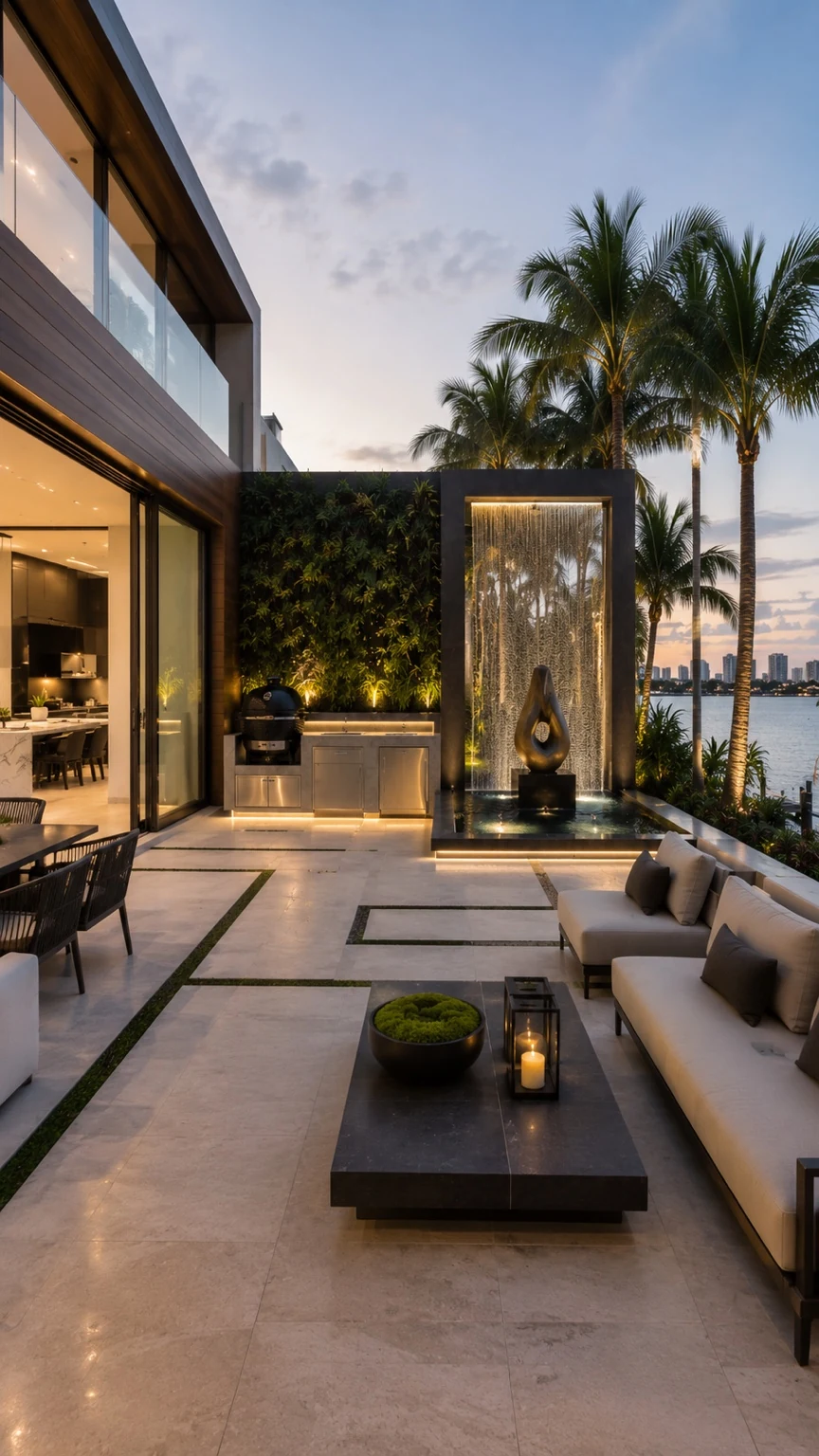 Terrace with outdoor kitchen and water wall