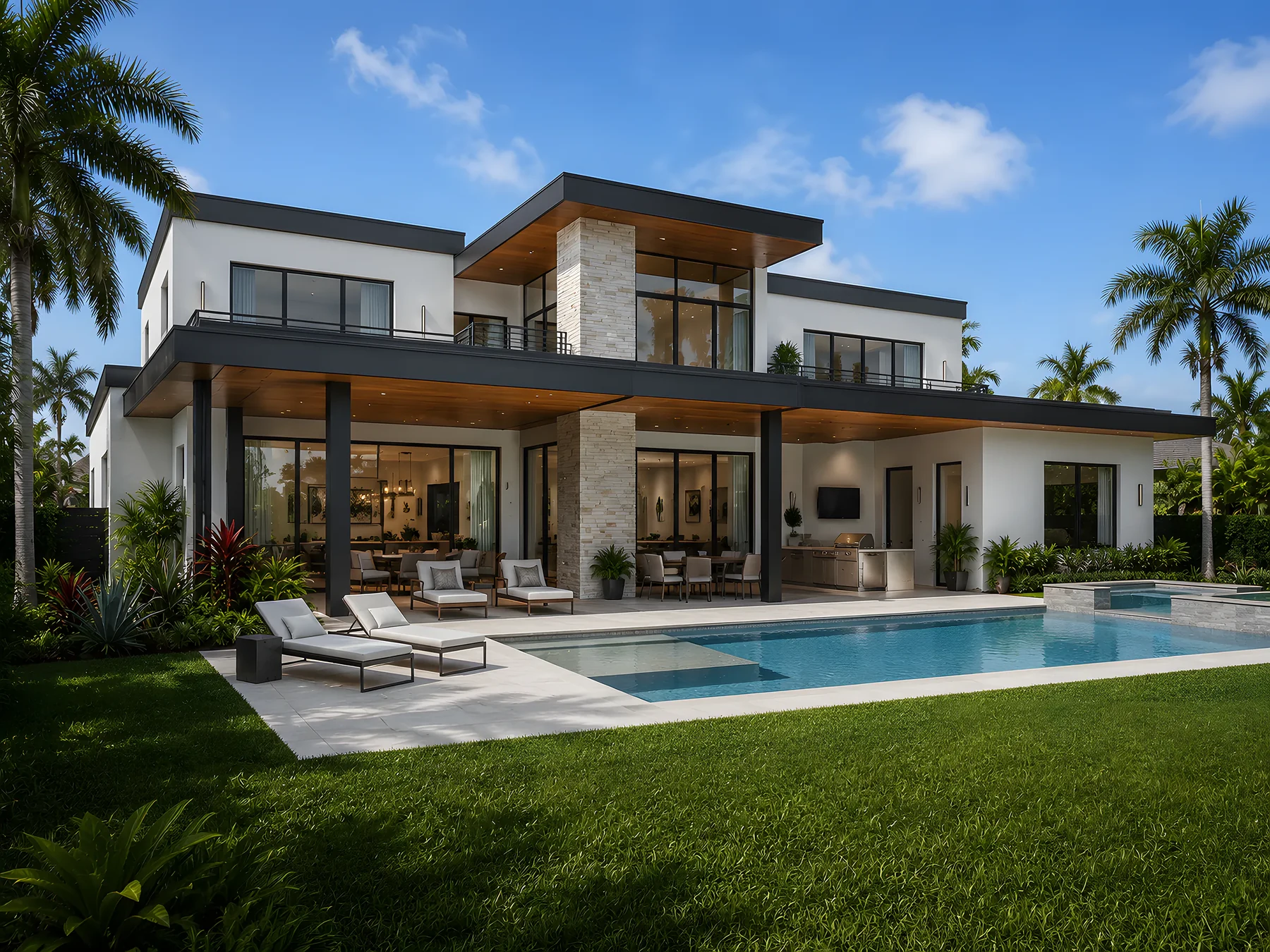 The house from the garden and the pool