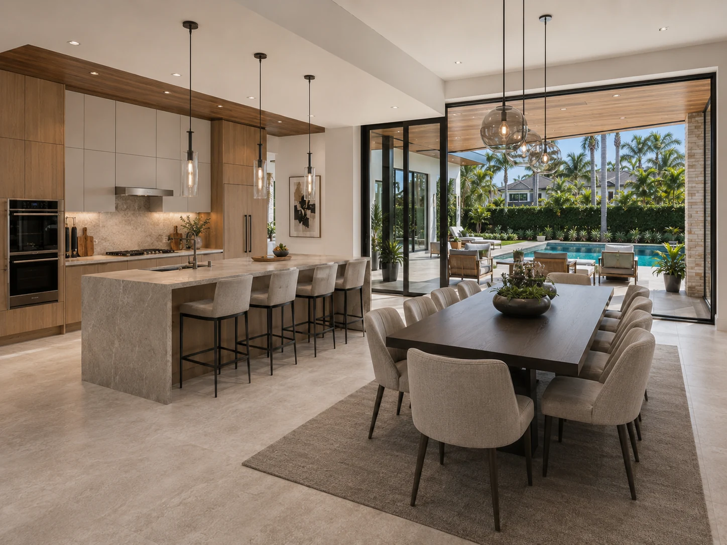 Kitchen and dining room open to the pool