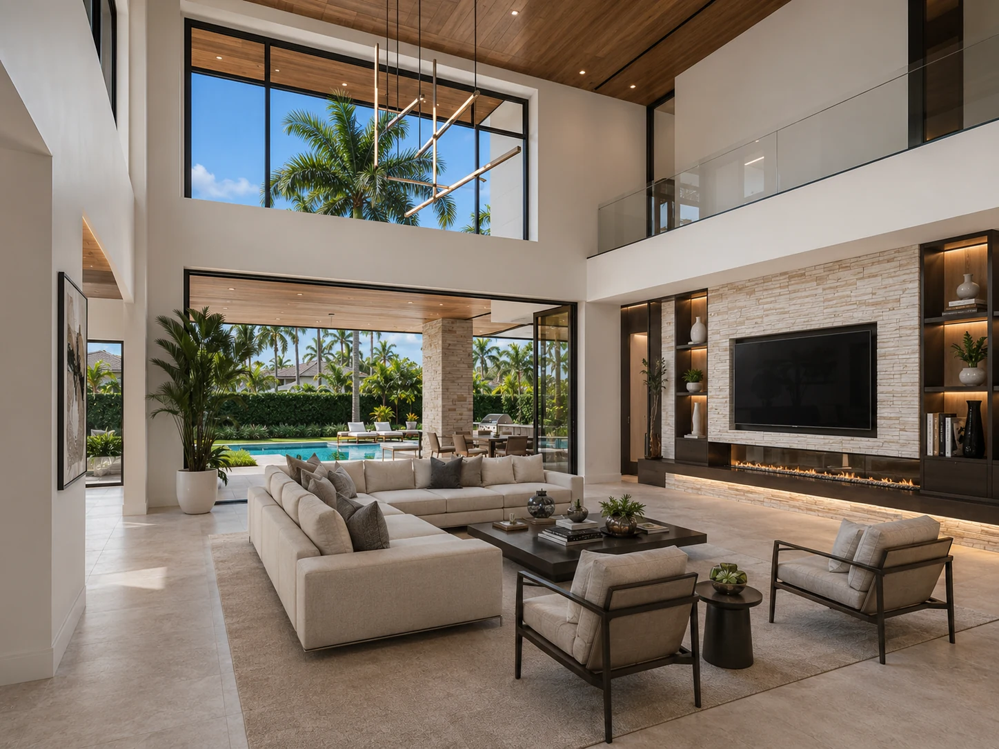 Living room under a double-height ceiling